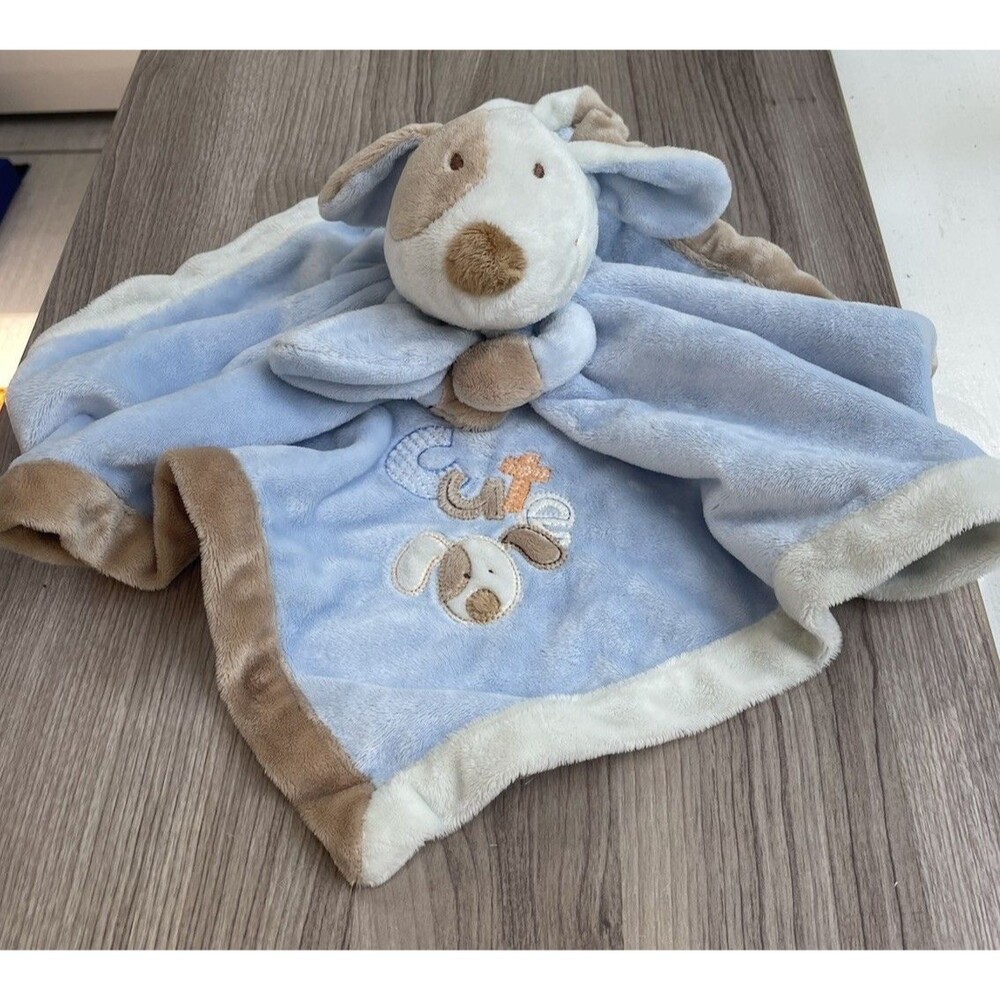 BRIGHT FUTURE BLUE TAN CREAM “CUTE” DOG SATIN SECURITY BLANKET LOVEY
